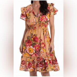 Talisman Costa V-Neck Ruffle Sleeve Valencia Floral Metallic Print Dress